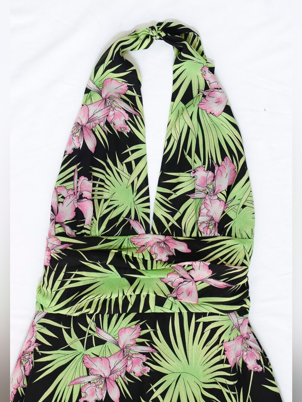 Vintage Y2K Tropical Floral Halter Dress Midi Backless Size 12 Summer Resort 90s - Picture 2 of 9